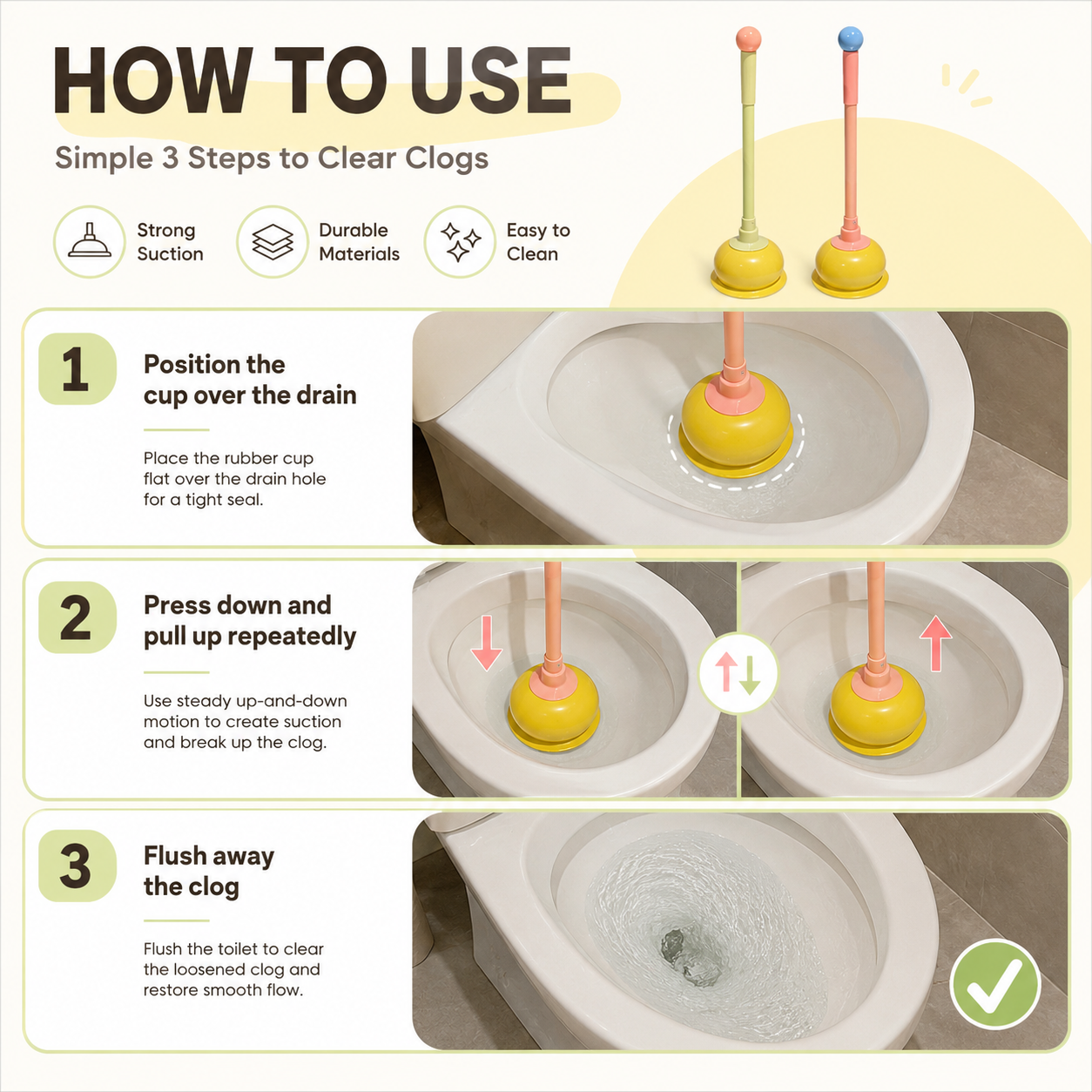 Toilet Plunger, Long Handle Bathroom Plunger with Strong Suction Cup, Non-Scratch Drain Plunger for Toilet, Kitchen Sink, Bathroom Drain, Bathtub and Shower, Cute Freestanding Clog Remover, Green