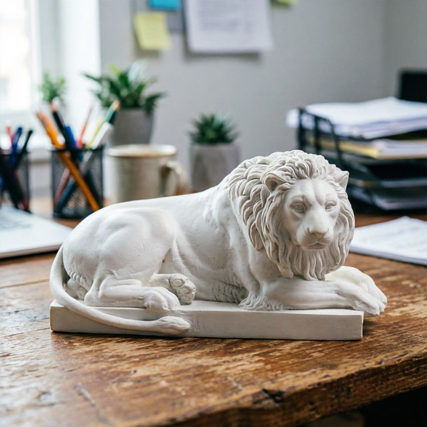 Classic Reclining Lion Sculpture Minimalist White Plaster Desk Ornament for Living Room, Study, or Office Decoration