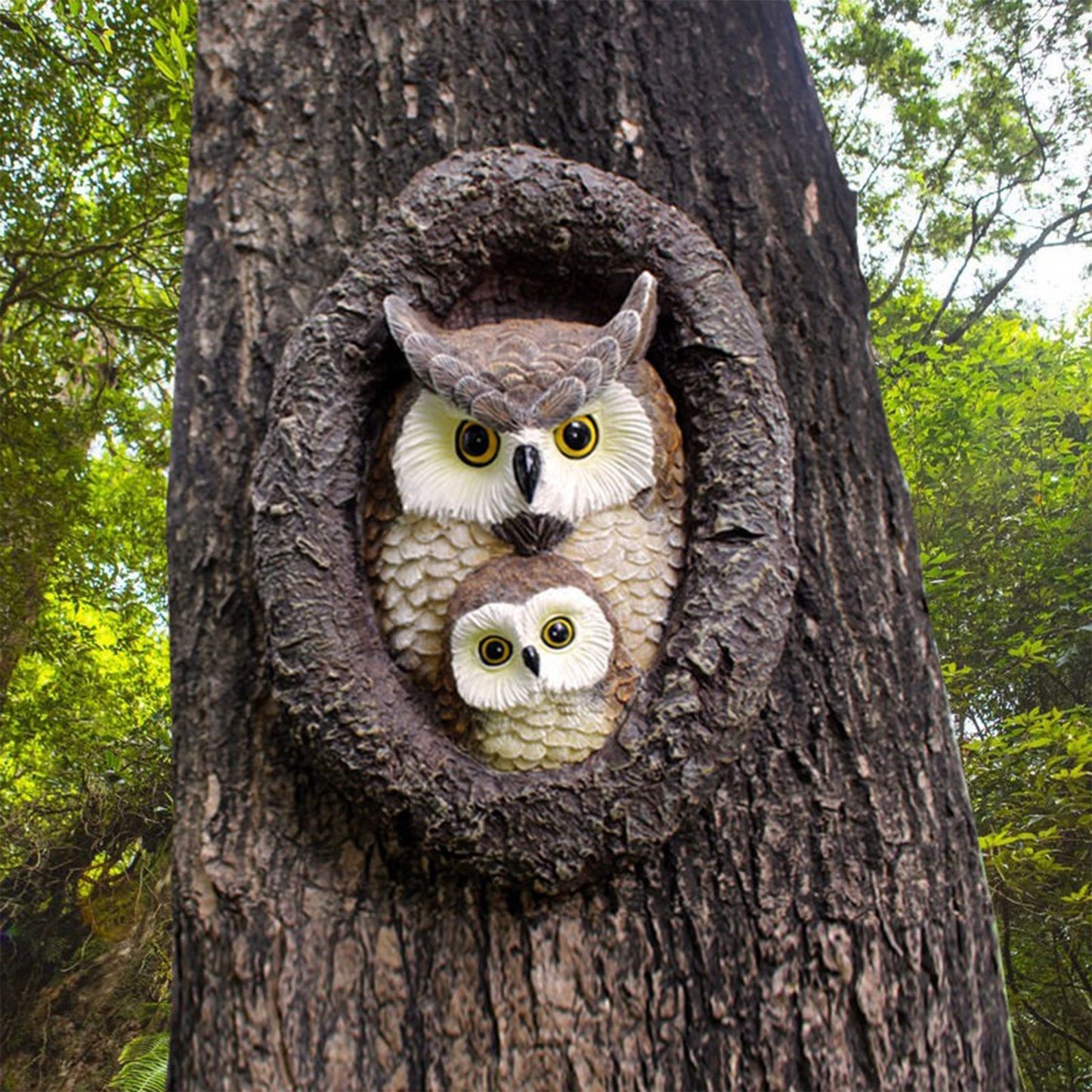 Owl with Tree Hole Statue – Weather-Resistant Resin Garden Decor with Natural Bark Texture – Outdoor Wall Hanging Ornament for Yard, Patio, and Forest Theme Decoration