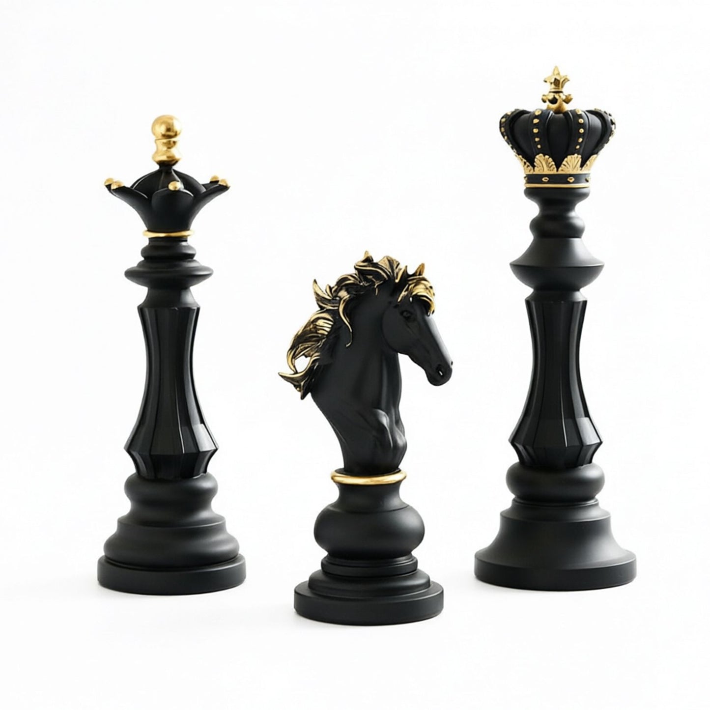 Luxury Resin Chess Piece Statues Set of 3 - King, Queen & Knight Horse Head Sculptures with Gold Trim - Classic Strategy Game Art Decor for Living Room, Study, Office & Bar Cabinet（Black）