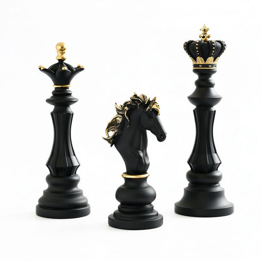Luxury Resin Chess Piece Statues Set of 3 - King, Queen & Knight Horse Head Sculptures with Gold Trim - Classic Strategy Game Art Decor for Living Room, Study, Office & Bar Cabinet（Black）