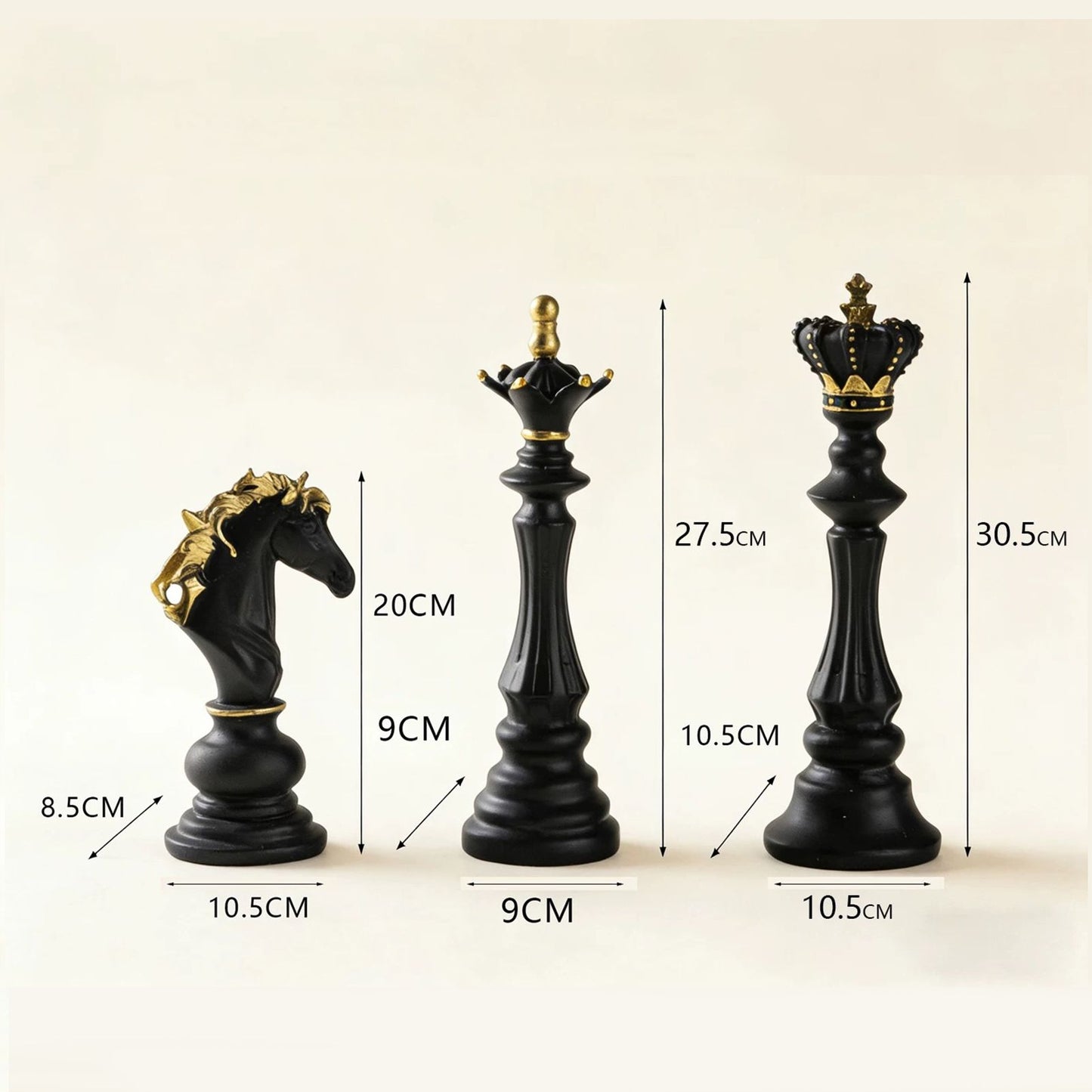 Luxury Resin Chess Piece Statues Set of 3 - King, Queen & Knight Horse Head Sculptures with Gold Trim - Classic Strategy Game Art Decor for Living Room, Study, Office & Bar Cabinet（Black）