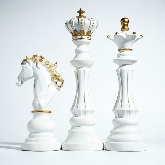 Luxury Resin Chess Piece Statues Set of 3 - King, Queen & Knight Horse Head Sculptures with Gold Trim - Classic Strategy Game Art Decor for Living Room, Study, Office & Bar Cabinet（White）