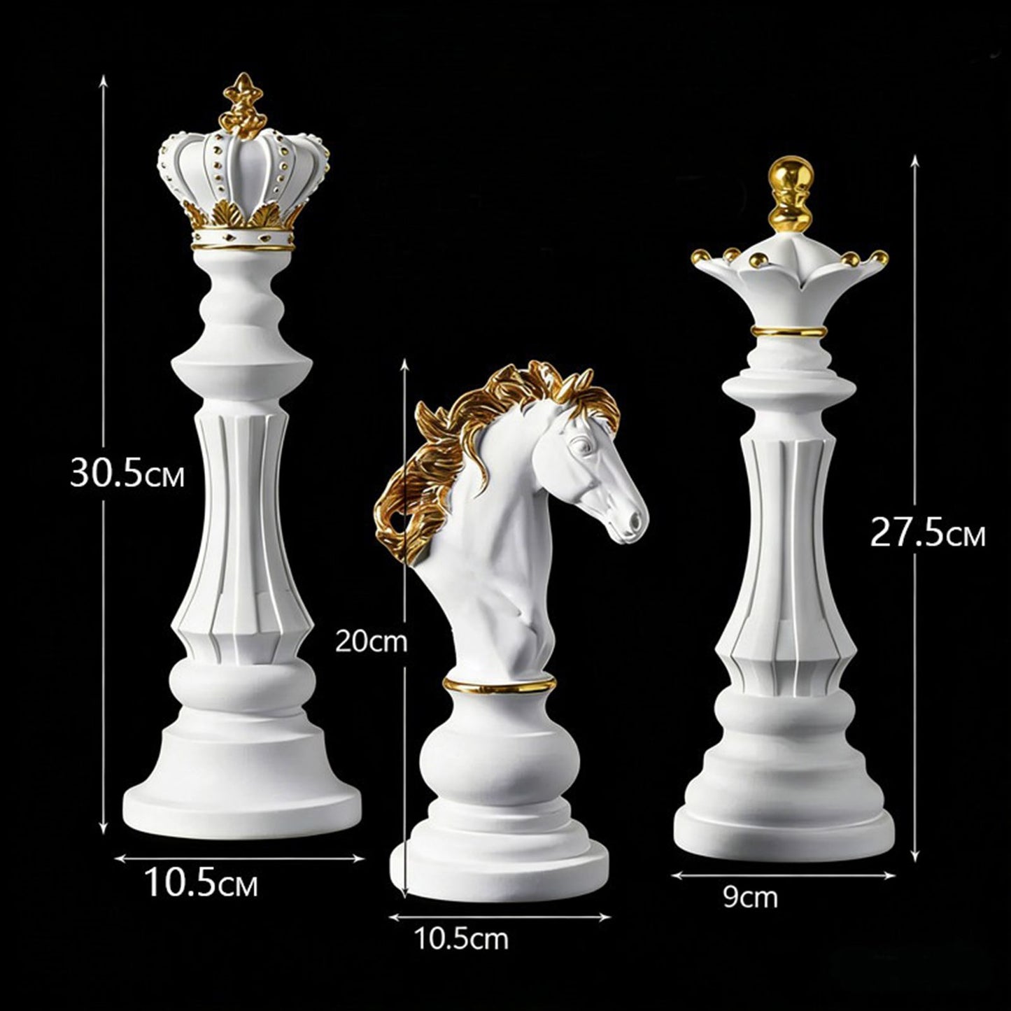 Luxury Resin Chess Piece Statues Set of 3 - King, Queen & Knight Horse Head Sculptures with Gold Trim - Classic Strategy Game Art Decor for Living Room, Study, Office & Bar Cabinet（White）