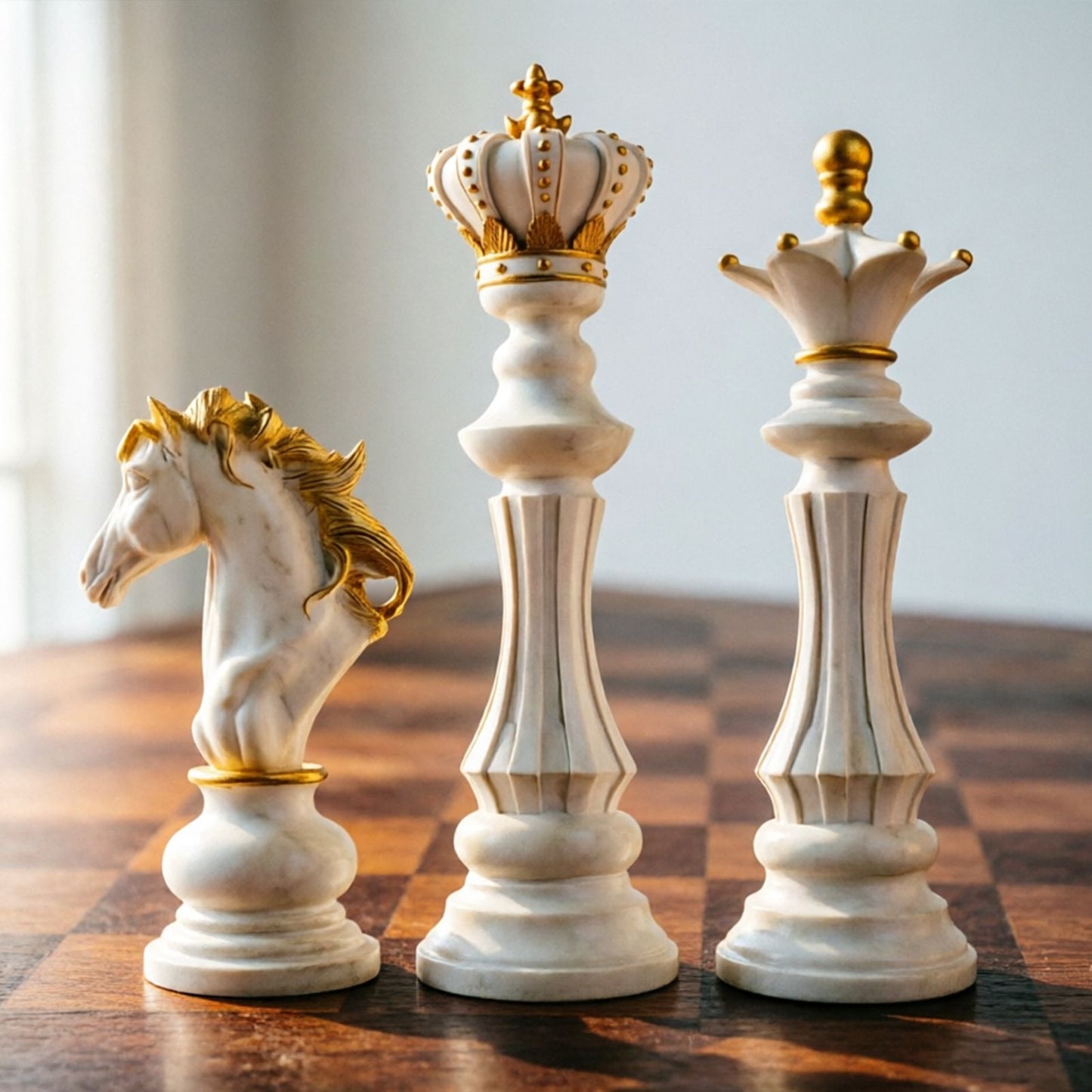 Luxury Resin Chess Piece Statues Set of 3 - King, Queen & Knight Horse Head Sculptures with Gold Trim - Classic Strategy Game Art Decor for Living Room, Study, Office & Bar Cabinet（White）