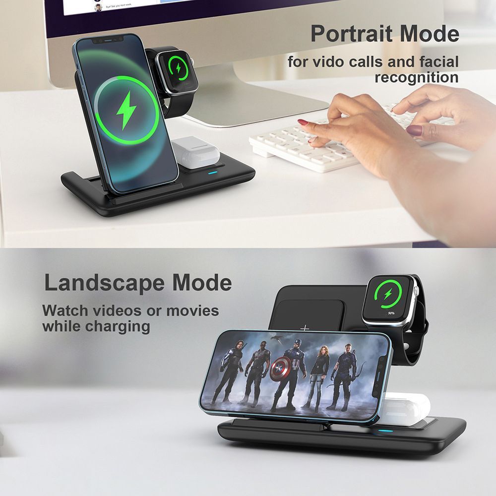 Black 20W Foldable 3-in-1 Wireless Charger