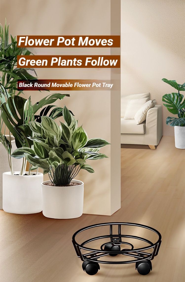 Black Round Movable Plant Caddy with Wheels