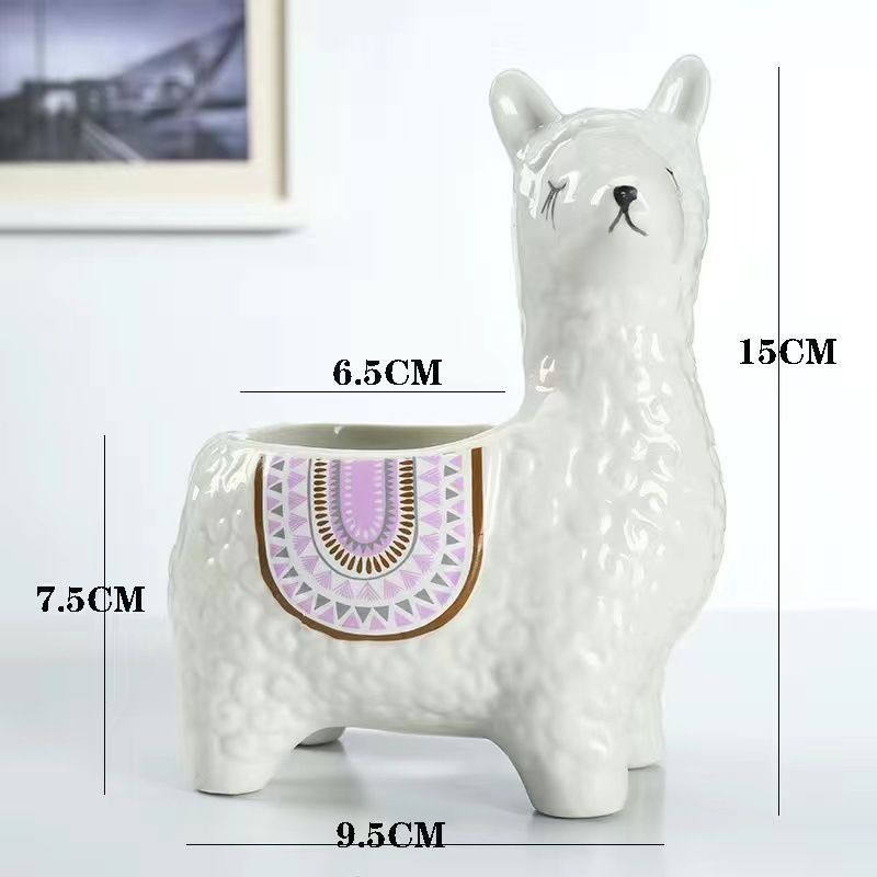 Blue Ceramic Planter with Head Tilted Alpaca