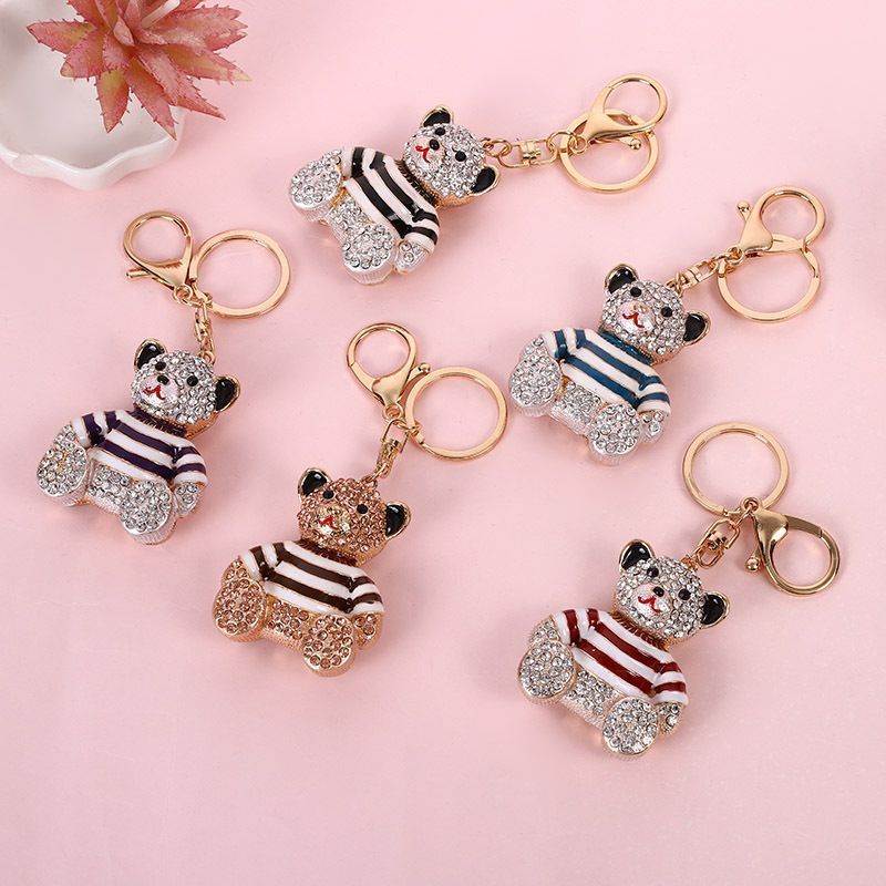 Blue Stripe Crystal Bear Keychain Cute Alloy Keyring Gift 2-Pack