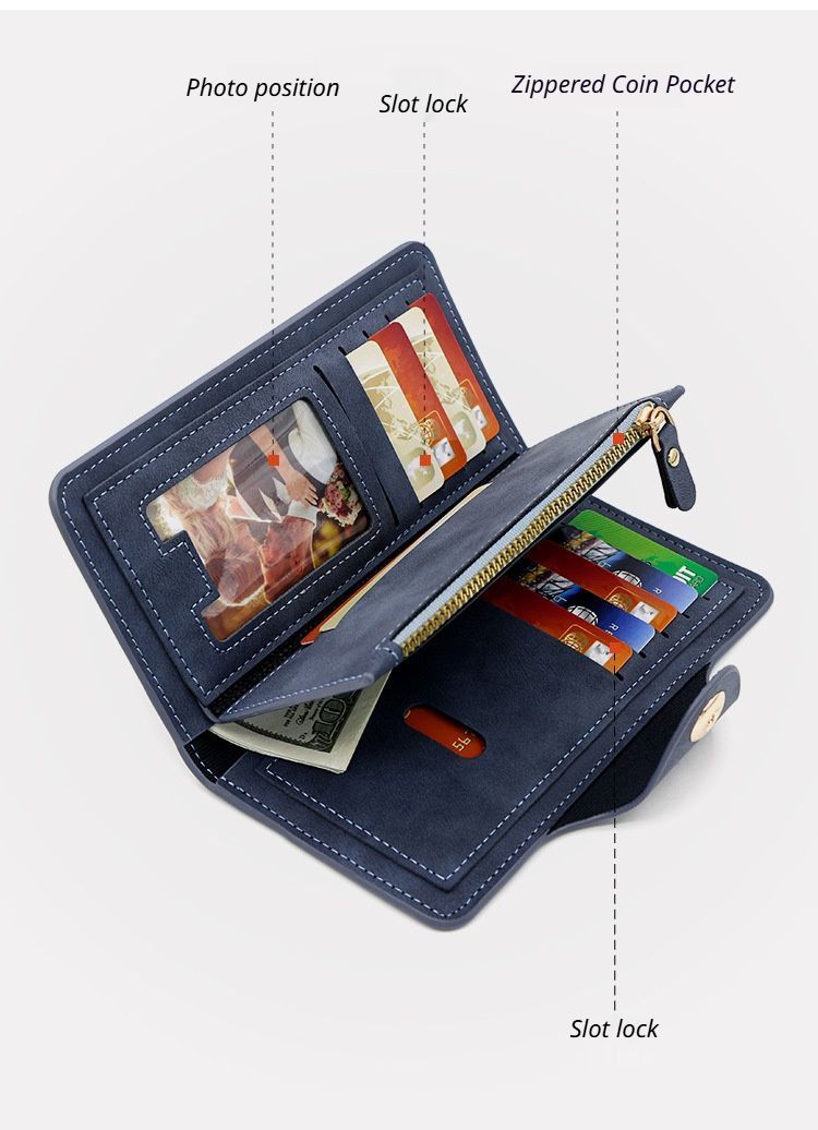 F309-12 Blue Matte Long Wallet with Zipper and Magnet 2-Pack
