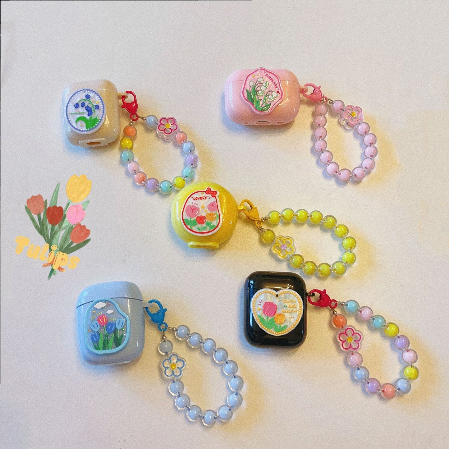 Floral patches + black base shell + colorful bracelet AirPods Pro
