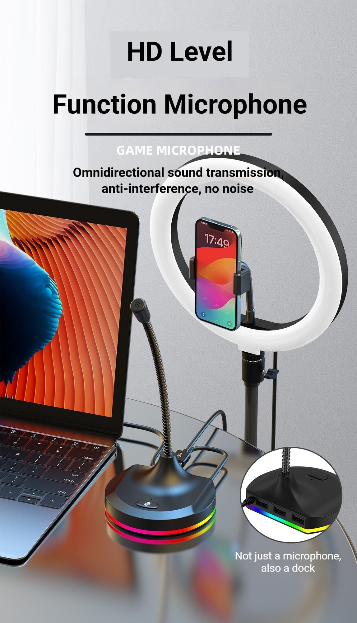 RGB Desktop Microphone 3 USB HUB Model Black