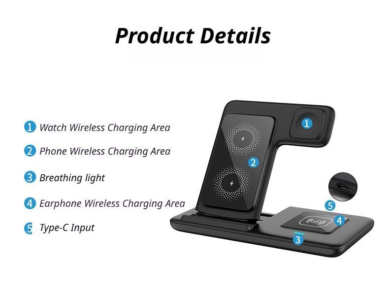 White 20W Foldable 3-in-1 Wireless Charger