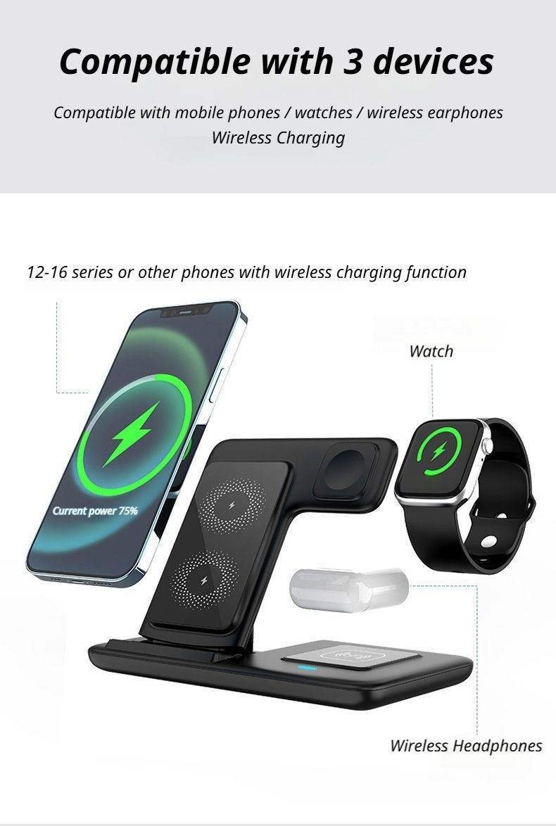 White 20W Foldable 3-in-1 Wireless Charger