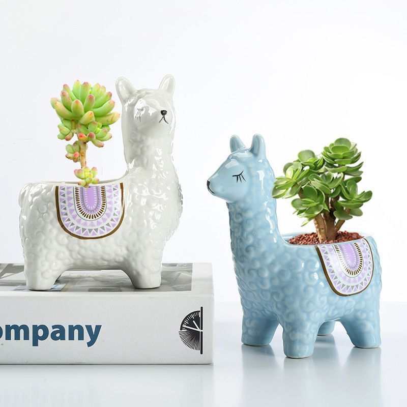 White Ceramic Planter with Head Tilted Alpaca