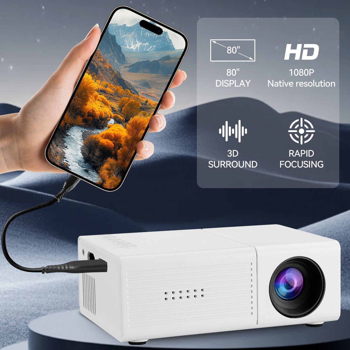 White M3S 1080P Mini Projector AU Plug Includes Manual