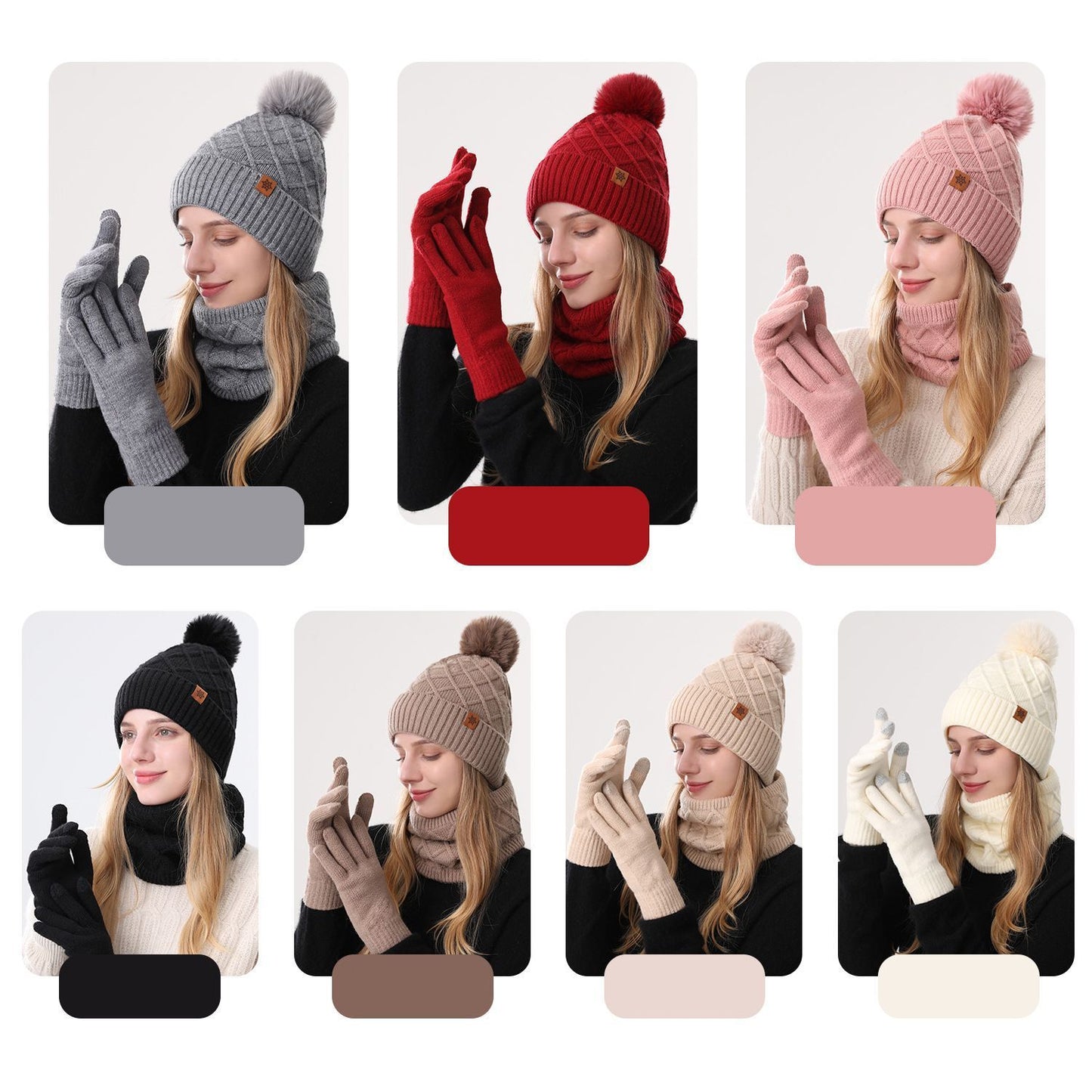 Women Beige Argyle 3-Piece Set-Hat Scarf and Gloves