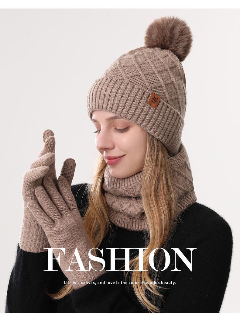 Women Beige Argyle 3-Piece Set-Hat Scarf and Gloves