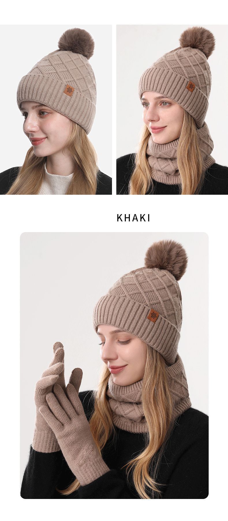 Women Beige Argyle 3-Piece Set-Hat Scarf and Gloves