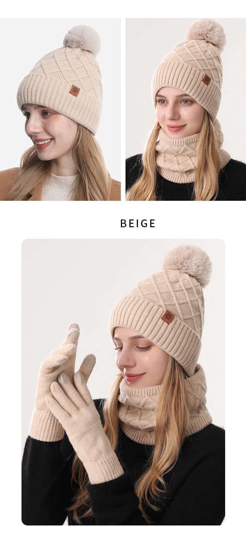 Women Black Argyle 3-Piece Set-Hat Scarf and Gloves