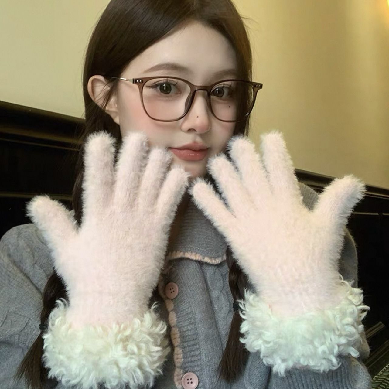 Women Winter Faux Mink Spliced Five-Finger Gloves Black
