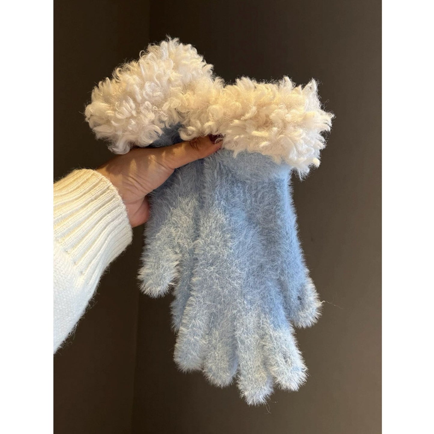 Women Winter Faux Mink Spliced Five-Finger Gloves Blue