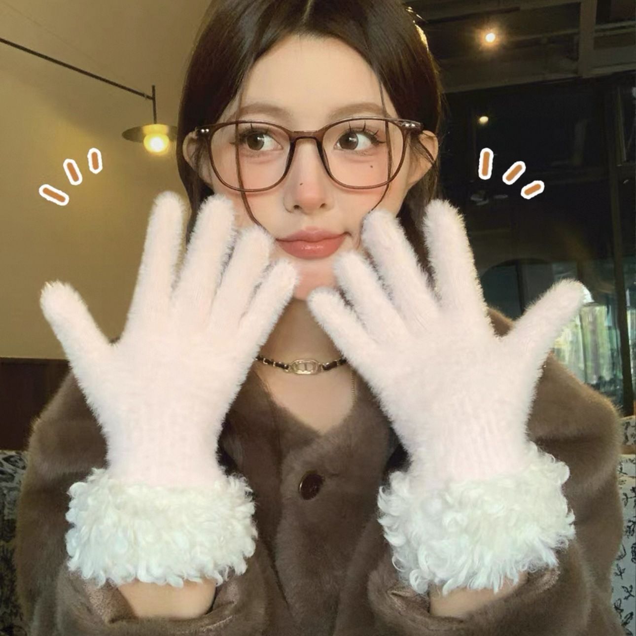 Women Winter Faux Mink Spliced Five-Finger Gloves Pink