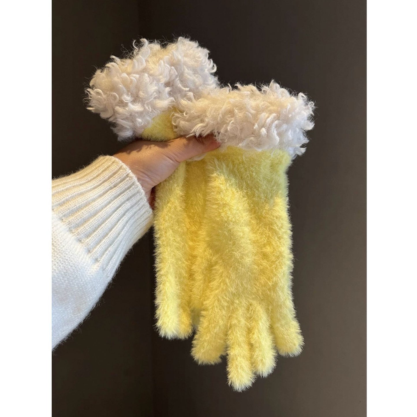 Women Winter Faux Mink Spliced Five-Finger Gloves Yellow