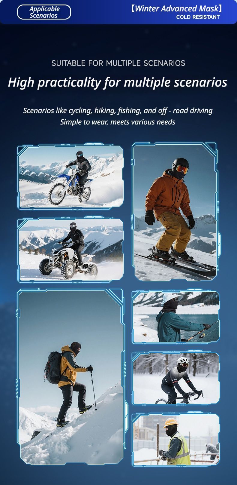 Black and Blue Unisex Windproof Ski Balaclava, Thermal Neck Gaiter & Motorcycle Face Mask