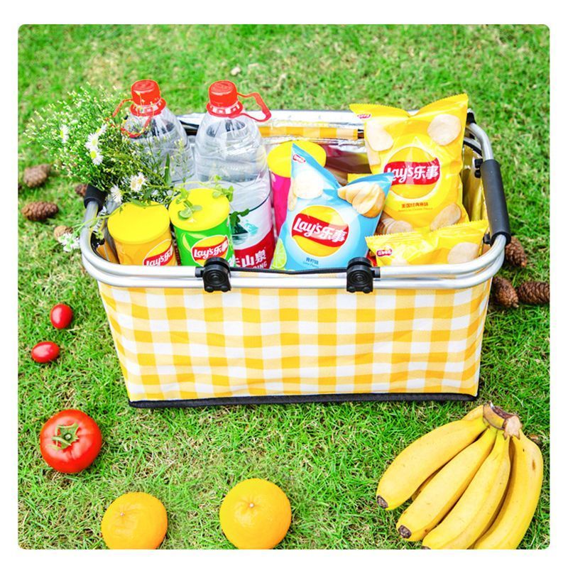 Thickened Foldable Aluminum Foil Insulated Picnic Basket-Yellow chequered pattern