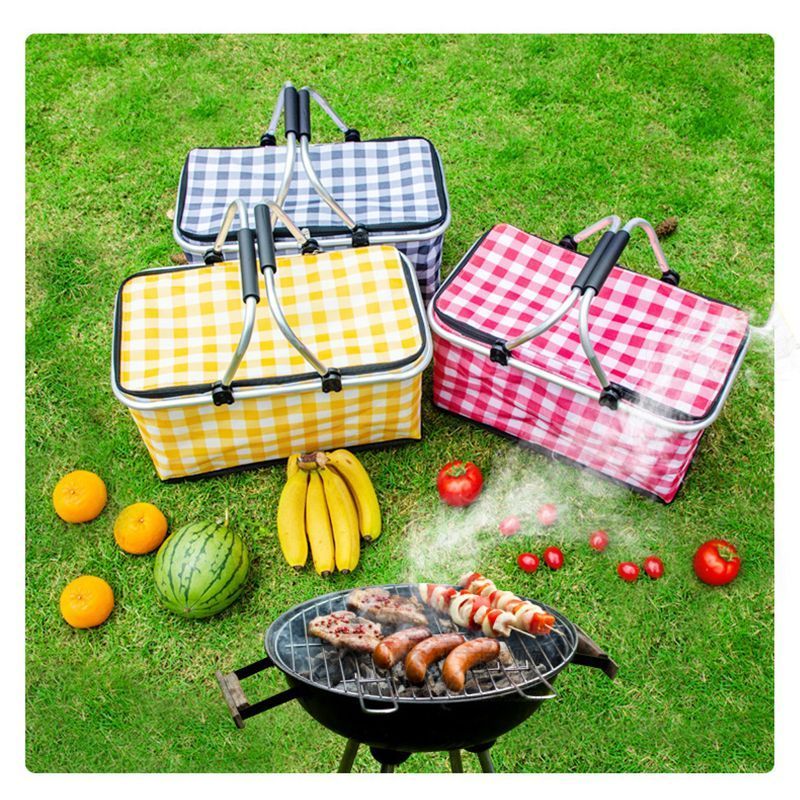 Thickened Foldable Aluminum Foil Insulated Picnic Basket-Red chequered pattern