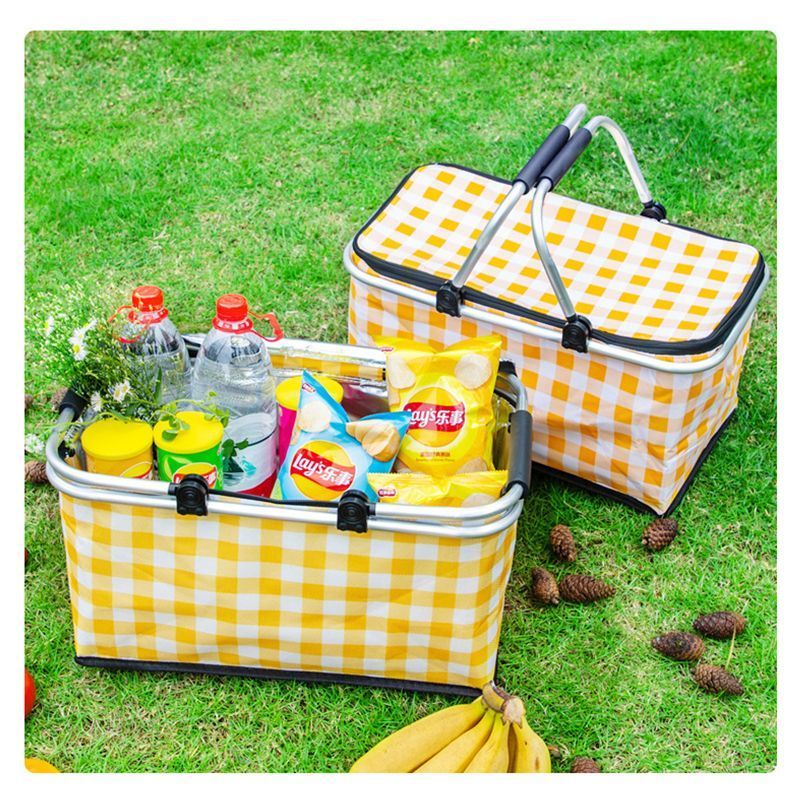 Thickened Foldable Aluminum Foil Insulated Picnic Basket-Green chequered pattern
