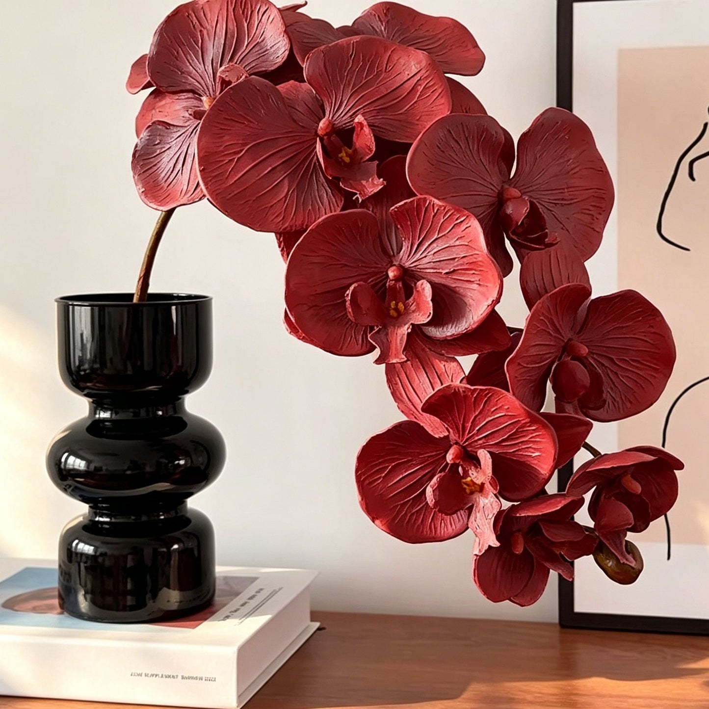 Artificial Oil Painting Phalaenopsis, Dark Red, 3 Pack