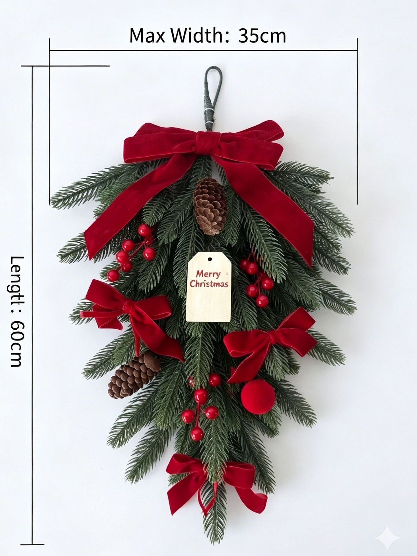 Xmas Teardrop Pine Swag, Red Velvet Bow Wall Door Hanging