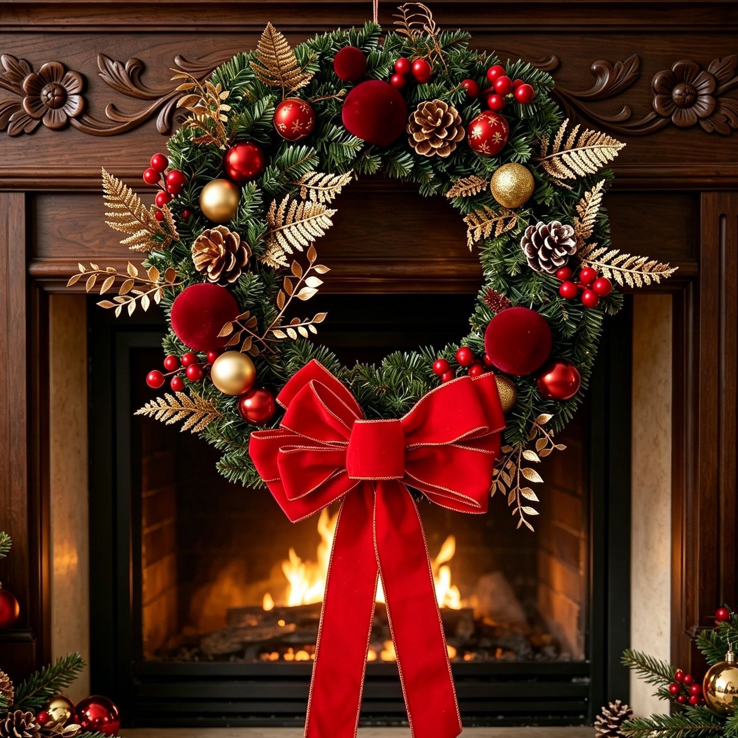2pk Xmas Wreath Gold Leaf Red Bow, 50cm Diameter
