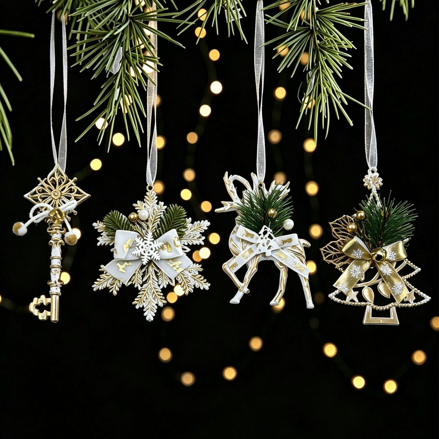 1pk White Gold Vintage Reindeer Xmas Bauble