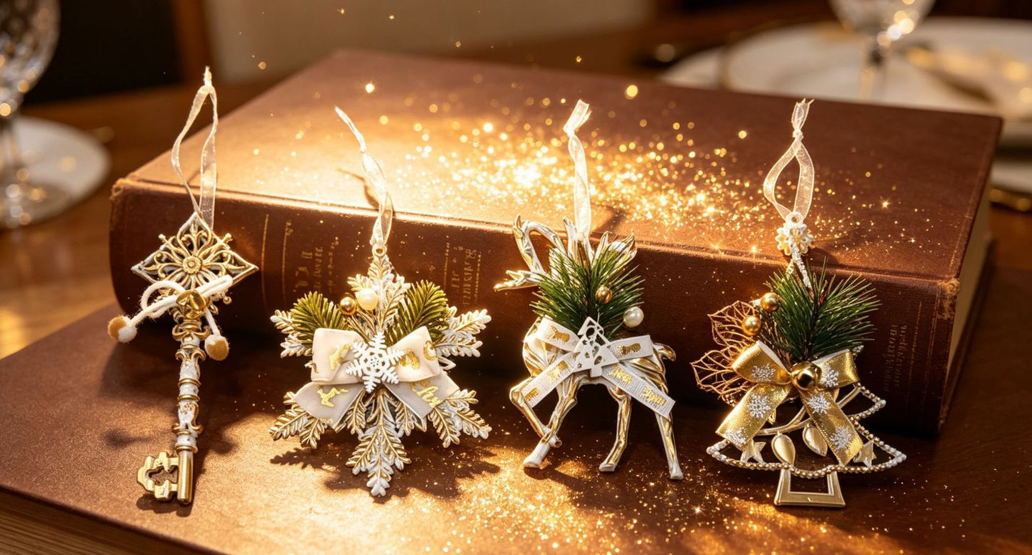 3pk White Gold Vintage Reindeer Xmas Bauble
