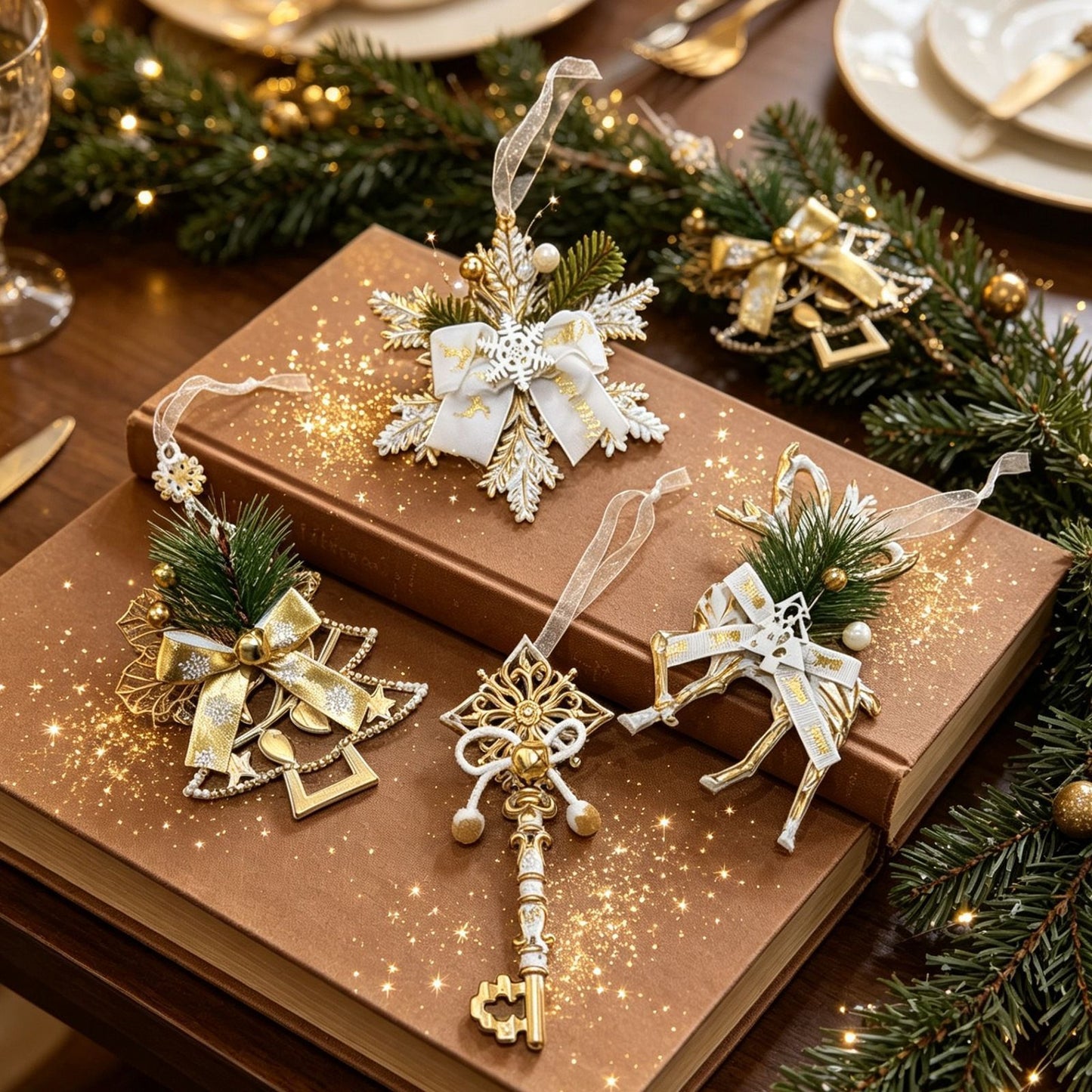 4pk Assorted White Gold Xmas Ornaments (Tree/Reindeer/Snowflake/Key)