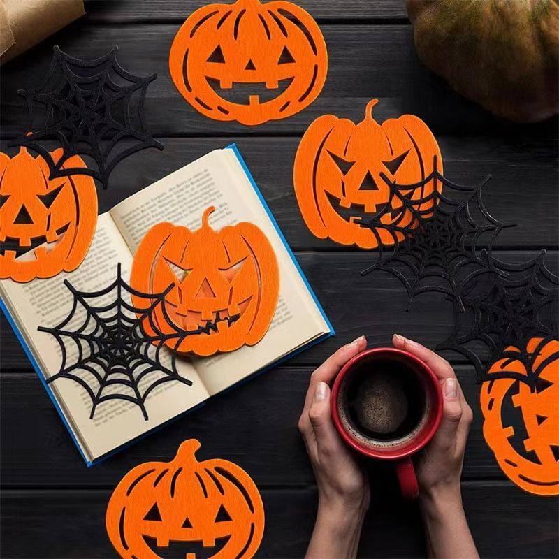 10pk Mixed Pumpkin & Spider Web Halloween Felt Coasters