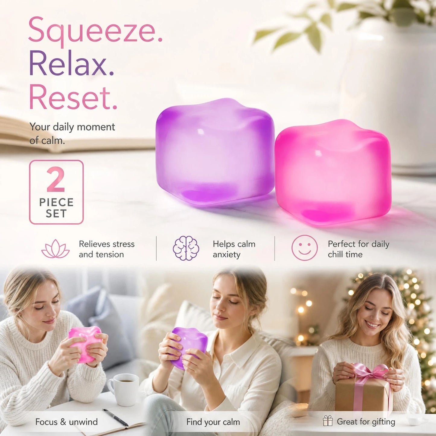 2 Pack Purple & Pink Ice Cube Squishy Mix, Gentle Dual Squish To Release Daily Stress, Holiday Pair