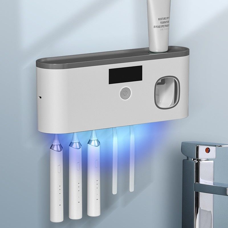 Gray Smart UV Sterilization Set, No-Drilling Wall-Mounted Toothbrush Organizer & Electric Toothbrush Sanitizer