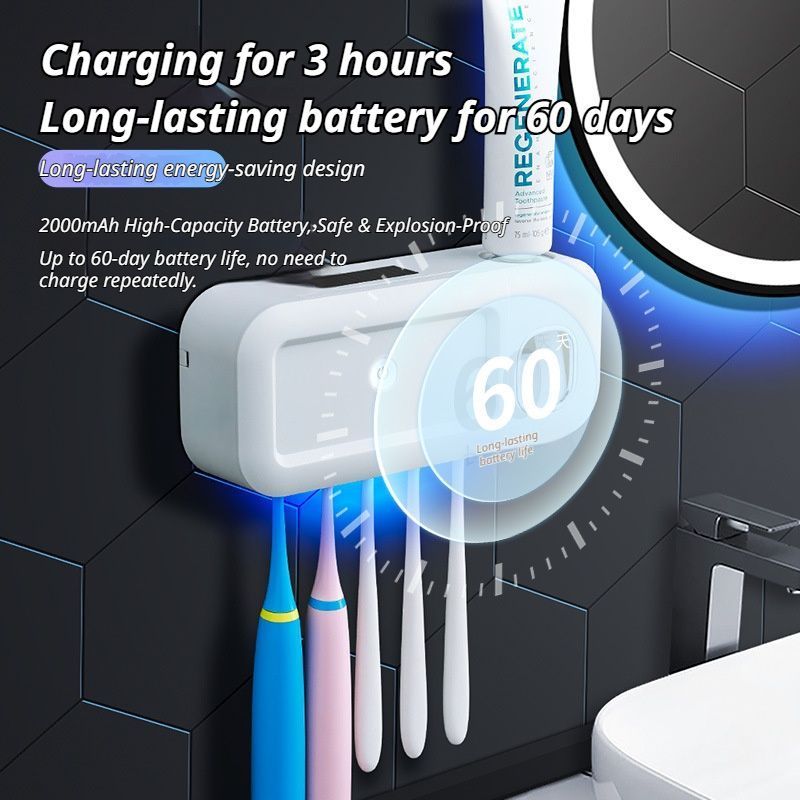 Gray Smart UV Sterilization Set, No-Drilling Wall-Mounted Toothbrush Organizer & Electric Toothbrush Sanitizer