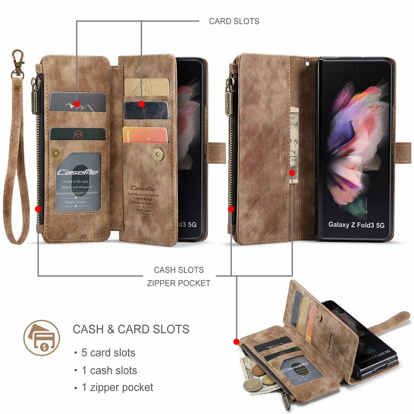 Samsung Galaxy Z Fold 3 Case - Retro Wallet with Card Slots, Magnetic Stand & Strap, Compatible with Samsung