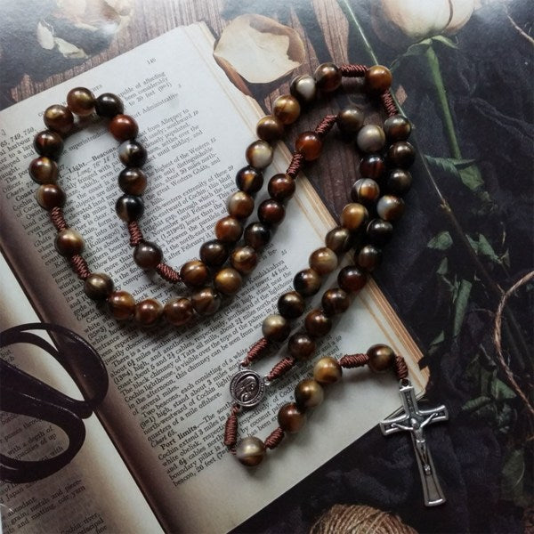Crucifix Rosary Beads Necklace Medal Chain Pendant Necklace Brown Acrylic Beads Long Chain Pray Jewelry Gift