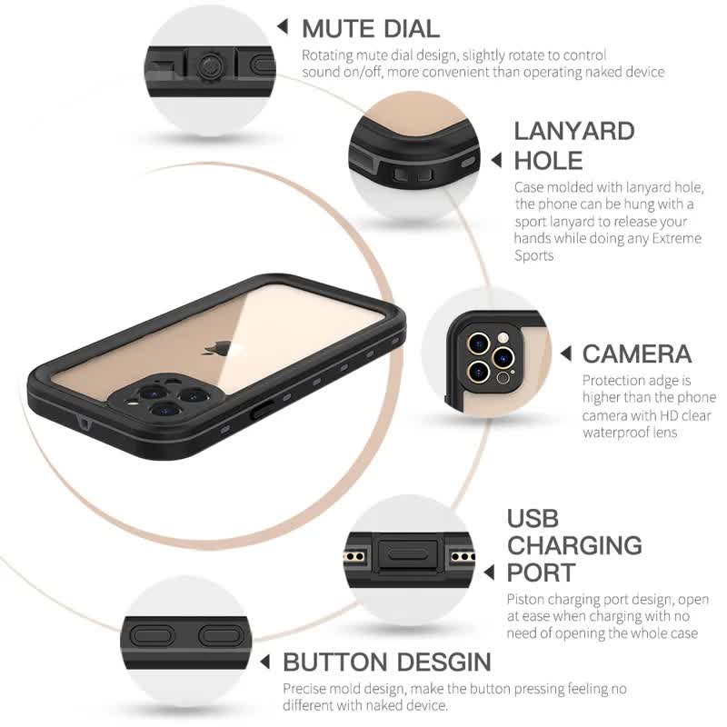 IP68 Waterproof Case for iPhone 15 14 13 12 11 Pro Max XS Max XR 7 8 RedPepper Transparent Protection Diving Underwater Swimming Outdoor Sports Black Black i-Phone 12