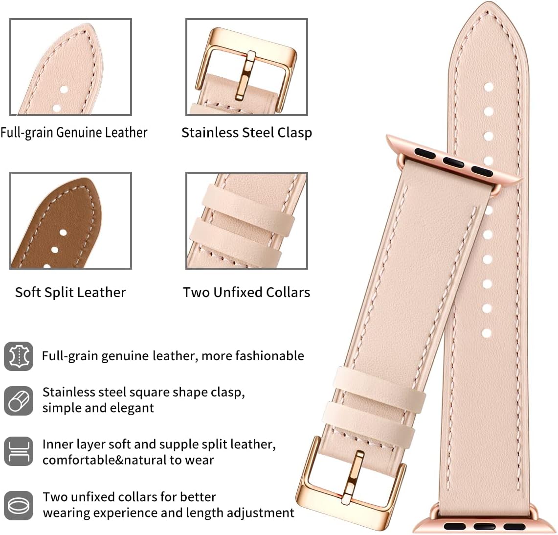 Apple Watch Leather Band, Genuine Leather Replacement Band for Apple Watch Series 9 8 7 6 5 4 3 2 1 & iWatch SE, Ultra (38mm 40mm 41mm, Rose Gold) Pink