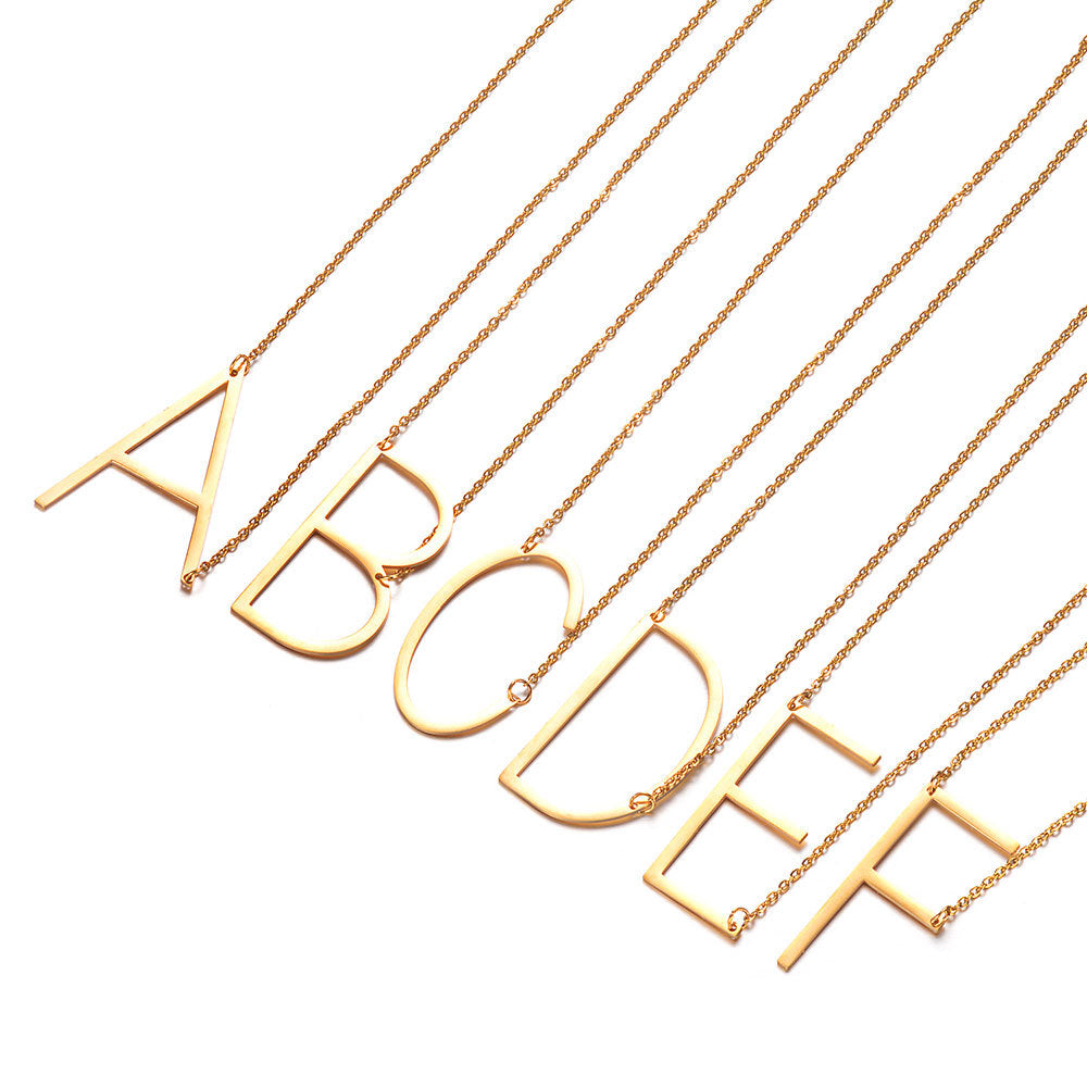 Women's Necklace with Side Block Shaped Initial Letter, Stainless Steel English Letter Necklace, Gold, AA