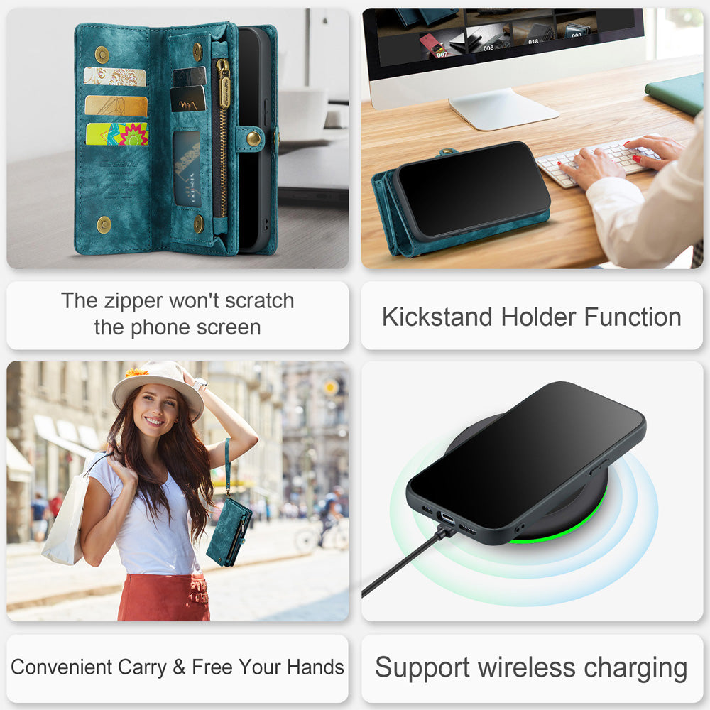 2-in-1 Detachable Wallet Case for iPhone 16 & Samsung, Retro Leather Flip Case with Card Holder & Magnetic Zipper Black Black 三星S25