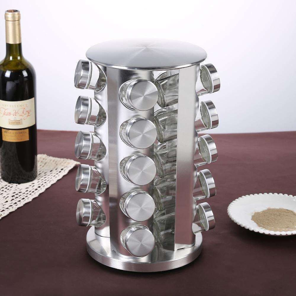 20 Glass Jars with Labels, Transparent, Rotating Spice Tower