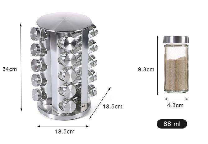 20 Glass Jars with Labels, Transparent, Rotating Spice Tower